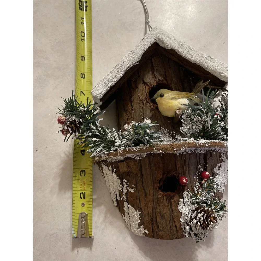 Vintage Handmade Rustic Winter Bird Hanging House Snow Pine cones